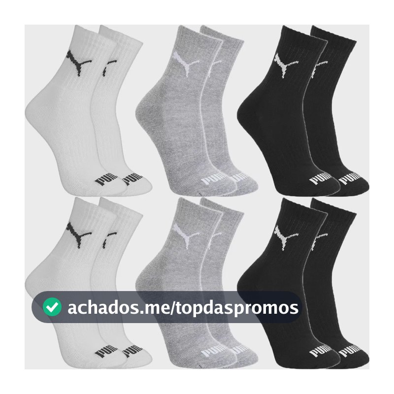 Kit 6 Pares Meias Puma Algodão Cano Médio Alto Atoalhado 2 Pretas, 2 Cinzas E 2 Brancas Gg - 44 A 46