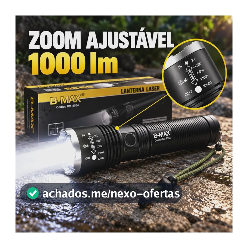 Lanterna Tática B-Max Recarregável 1000lm com Zoom Ajustável Foco Regulável Luz Branca Corpo Preto Texturizado Botão Lateral Alça de Pulso Verde Lente Transparente e Aro Frontal Prateado