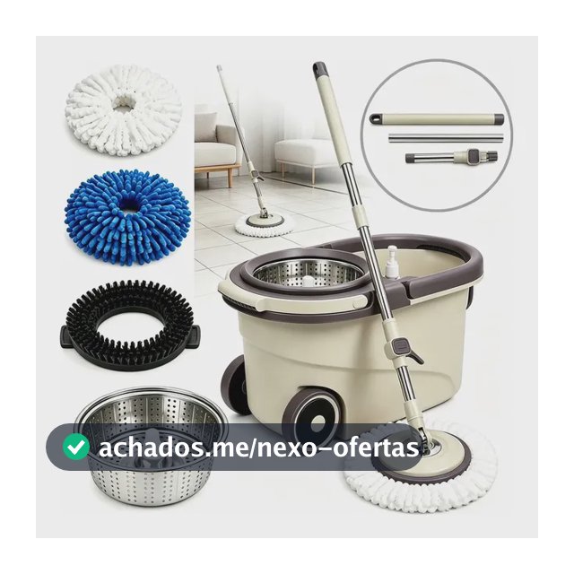 Mop Giratório Esfregão 16L Balde Plástico Marrom, Kit Com Cabo 1,2m, 4 Refis: Microfibra Chenille, 2 Algodão 120g, Escova Chão, Prato Plástico e Frasco de Lavagem