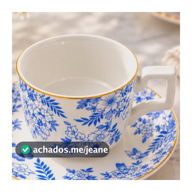 Xícara Café Chá Com Pires Floral Azul Dourada 260ml Branco E Azul