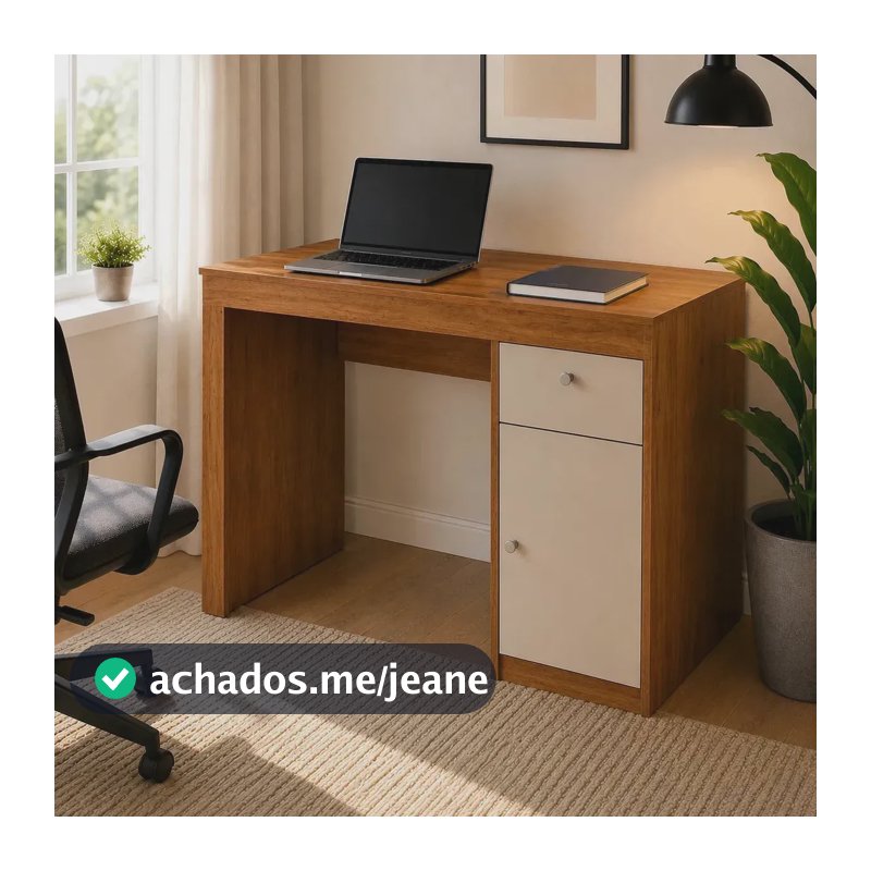 Escrivaninha Para Computador 108 Cm Com Porta E Gaveta Mesa Home Office Escritório Quarto Estudo Notebook Moderna Canela Off White