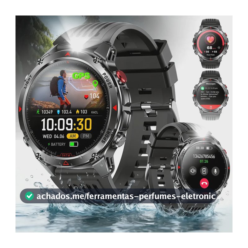 Relógio Inteligente Smartwatch GPS Autônomo À prova d'água 3ATM NOVANTE Masculino Feminino Esportivo Digital 530mAh Preto Bluetooth Chamadas Notificações Instantâneas Android IOS Com Lanterna Bússola
