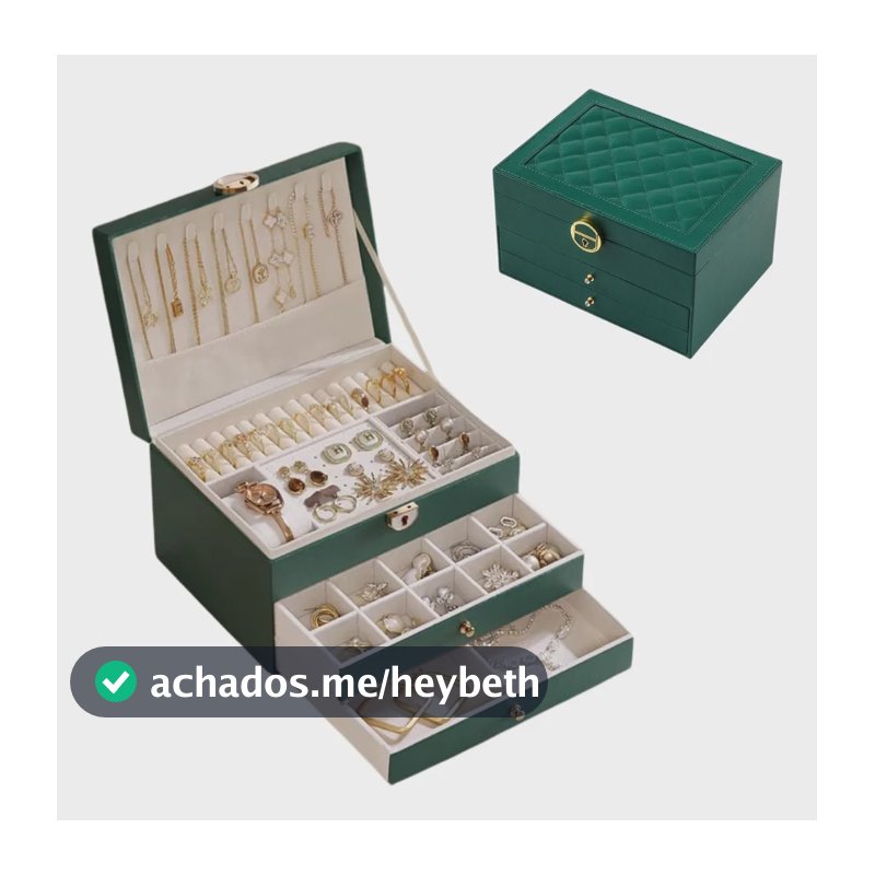 Porta Joias 3 Camadas Couro Caixa De Jóias Feminina Cor Verde