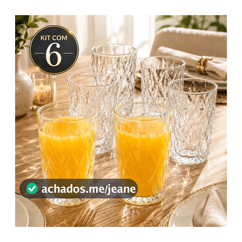 Jogo 6 Copos 400ML Grande Vidro Grosso Diamond Resistente Transparente Kit para Drink Água Suco Restaurante Diamante Sólar