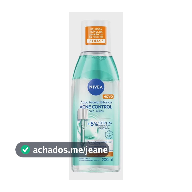 NIVEA Água Micelar Bifásica Acne Control 200ml, Limpeza Suave, Controle de Oleosidade, Redução da Acne, Pele Acneica