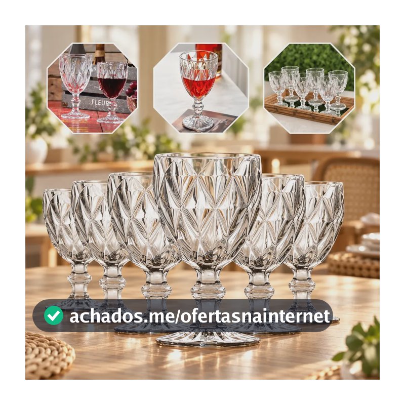 Jogo de 6 Taças Diamond Luxo em Vidro 330 mL para Vinho e Água Gostei!