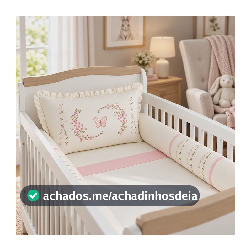 Kit Berço Paris 8 Peças Protetor Berço Bordado Menina Paris Algodão Rosê