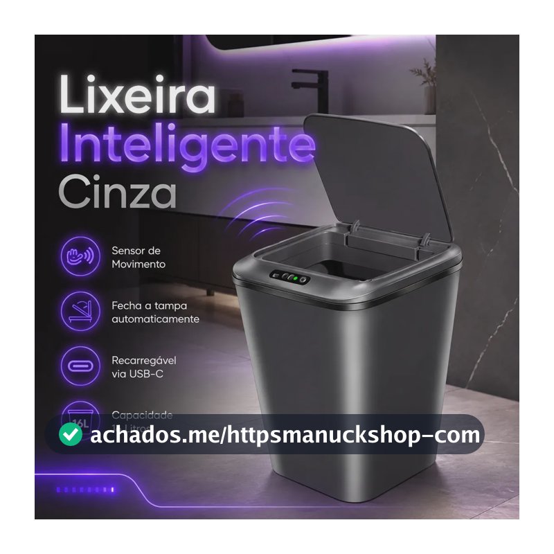 Lixeira Inteligente Sensor Automático 16l Cinza Smart Recarregável Para Banheiro E Cozinha