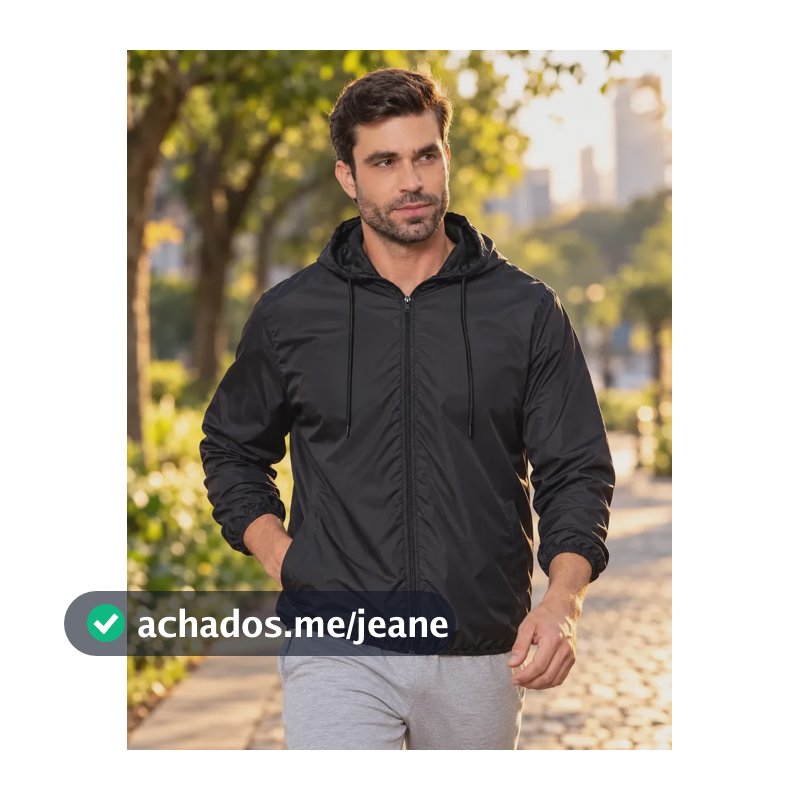 Jaqueta Corta Vento Masculina Impermeável Capuz Zíper Bolso Preto G Liso