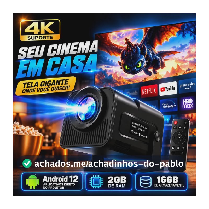Projetor HY320 390 ANSI Full HD WiFi 6 4K Android Bluetooth 150 Polegadas HDMI USB Controle Remoto Bivolt Portátil Smart TV Cinema em Casa Filmes Séries Jogos Som Integrado Streaming Multimídia