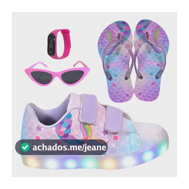 Kit Tênis Infantil Led Meninas Sereia Chinelo Óculos Relógio