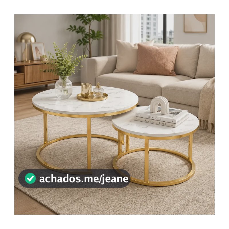 Conjunto Mesa Lateral Redonda 2 Peças Mesa Centro Mármore Amarelo