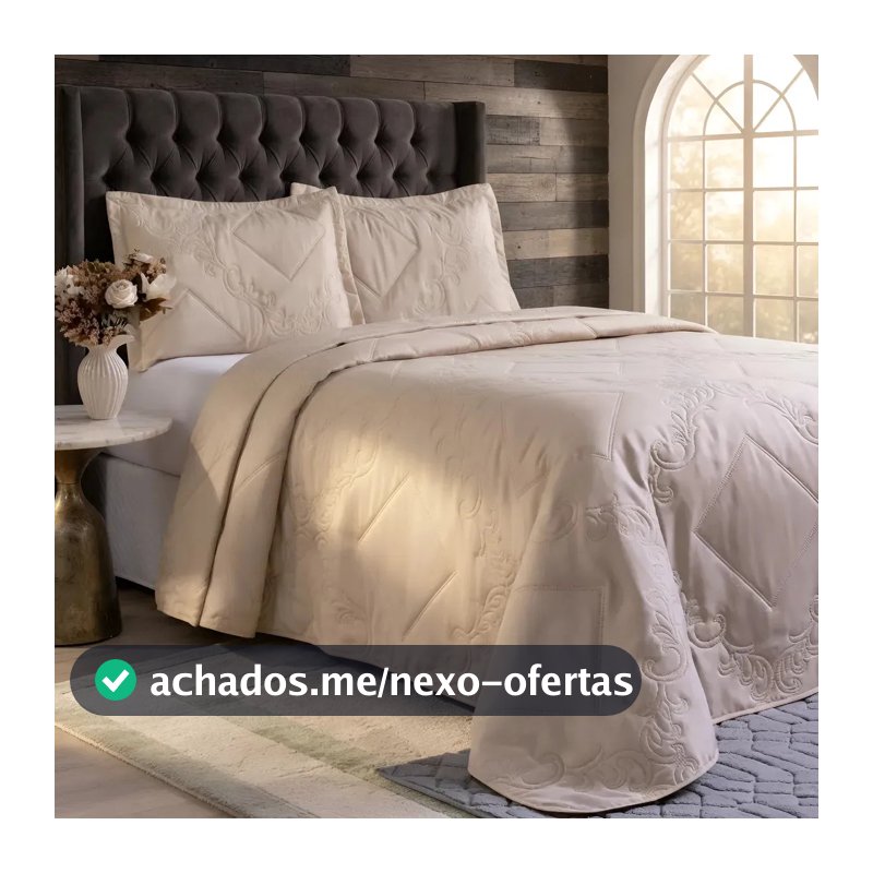 Colcha Cobre Leito Queen 3 Peças Elegante Dupla Face Bordado Matelado Malha Percal 400 Fios Qualidade Grosso Fofinha Premium Realce Classic Pompom Simples Chique Elástico Decorando Bege