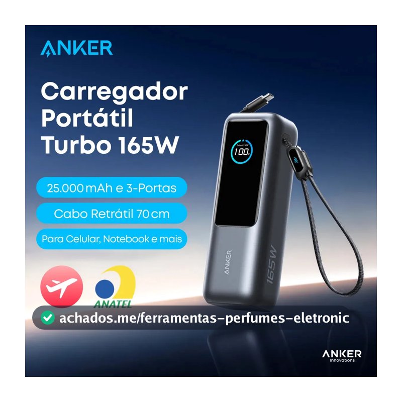 Carregador Portátil Power Bank Anker 25000mAh 165W Cor Preto Carga Turbo Rápida com 4 Portas e 2 Cabos USB-C Integrados, Tela Digital Compatível com Notebook, MacBook, iPhone, Samsung e AirPods