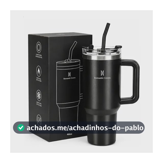 Copo Térmico Gigante 1,2l Inox Com Tampa E Inox Canudo Cor Preto Cor Pura / Material Fosco