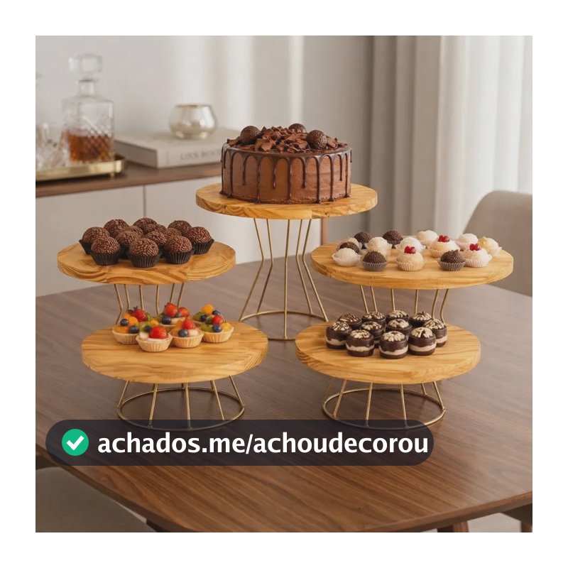 Kit Boleira Suporte Mesa 5 Peças Ferro E Madeira Dourado Festa Bolos