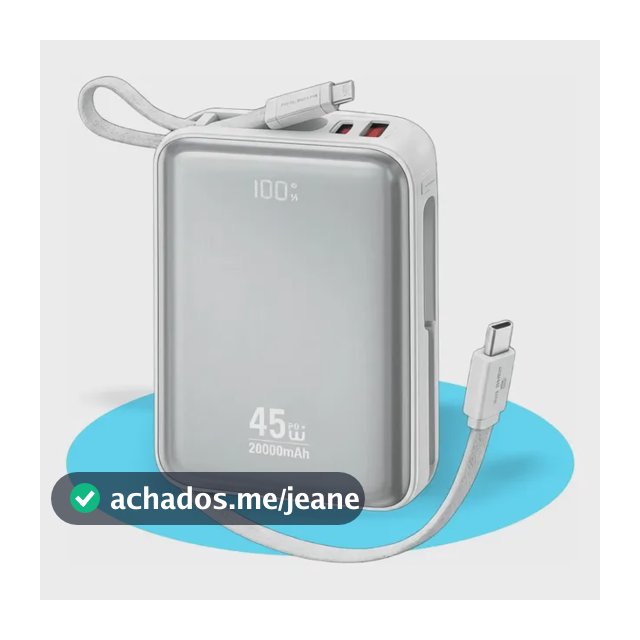 Power Bank Portátil Turbo 45W 20000mAh com Cabo para iPhone e Samsung