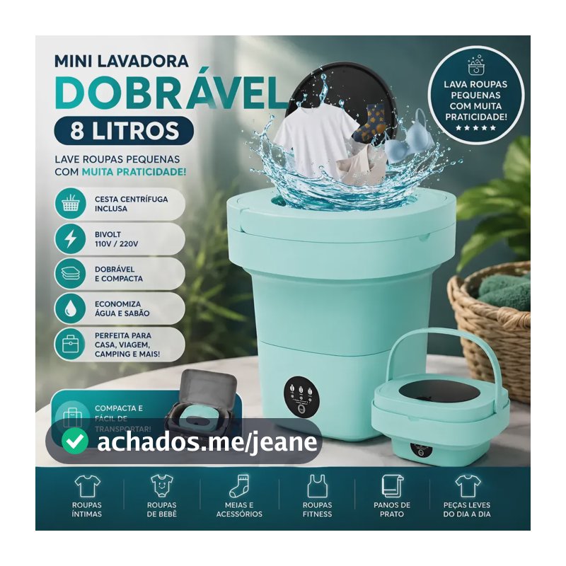 Mini Máquina Lavadora Seca 8 Litros Balde Retrátil Dobrável Verde