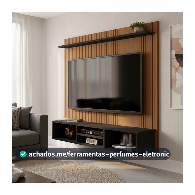 Painel TV Ripado Preto 3D com Nichos e Prateleira 50 Polegadas