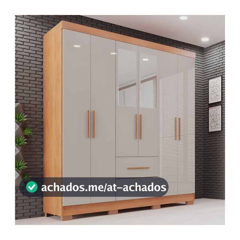 Guarda-roupa Casal com Espelho 6 Portas 2 Gavetas Sallêto Cinamomo/Off White