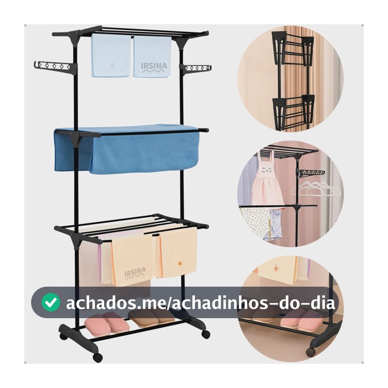 Varal Dobrável De Chão 3 Andares De Roupas Grande Com Rodinha Aba Lateral Retrátil Para Cabide Irsina