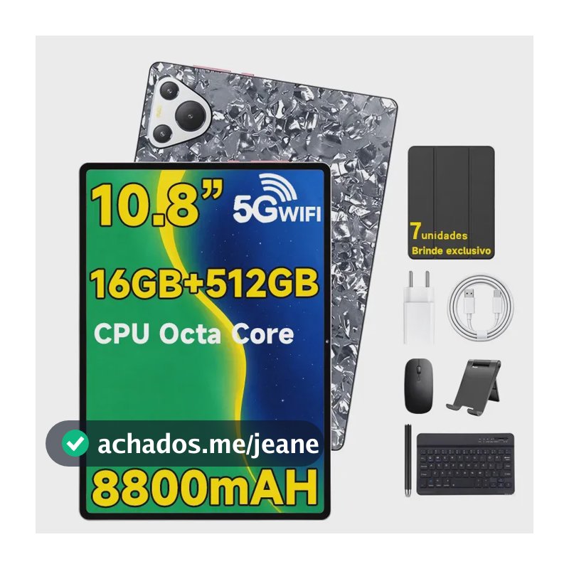 > Tablet 10.8 Polegadas Android 15 Gemini AI 16GB RAM 512GB Wifi 5G C/ Capa Teclado Mouse - Preto