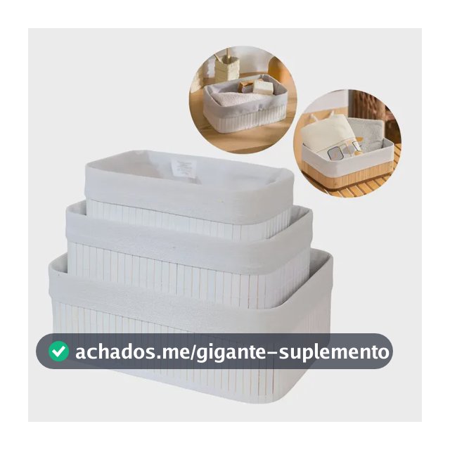 Kit 3 Cestos Organizadores De Bambu Multiuso Com Forro Cor Branco