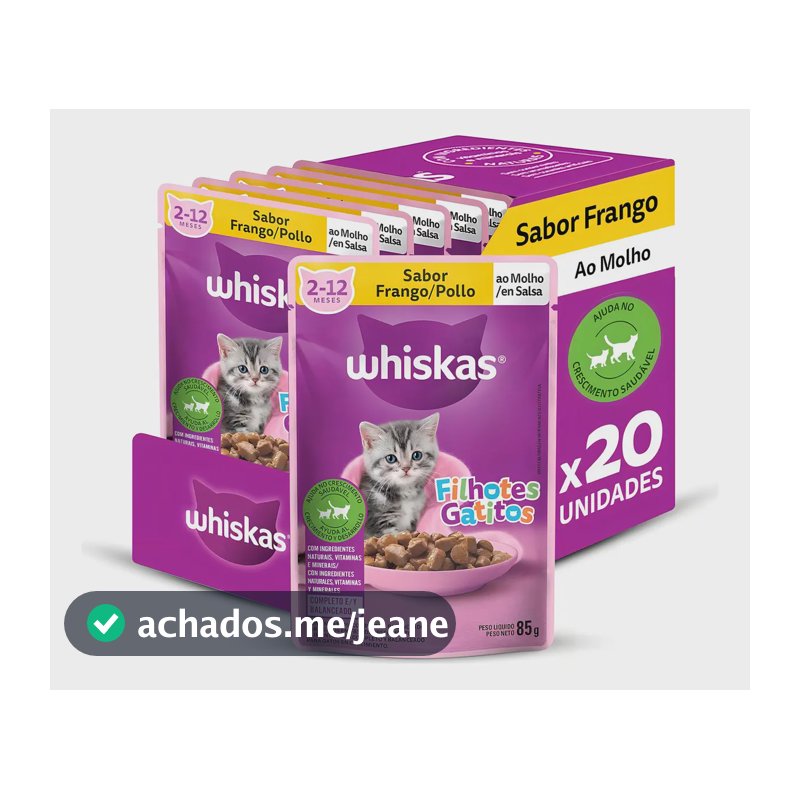 Pack 20 ração umida Whiskas gatos filhotes sachês sabor frango ao molho 85g