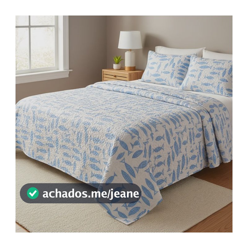 Cobre Leito Queen 180 Fios Estampado Moderno C/3 Pçs Colcha Azul