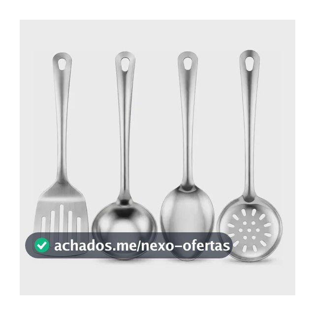 Jogo Kit 4 Utensílios De Cozinha Escumadeira Concha Espatula Colher 100% Inox - Kit 4 Peças