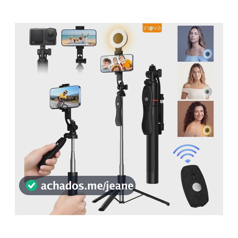 Inova Cases Tripé Bastão Para Celular Portátil Até 170 cm Com Luz tricromática Ring Light Controle,Celular 360° Rotação para Celular Câmera Vlog E Gopro
