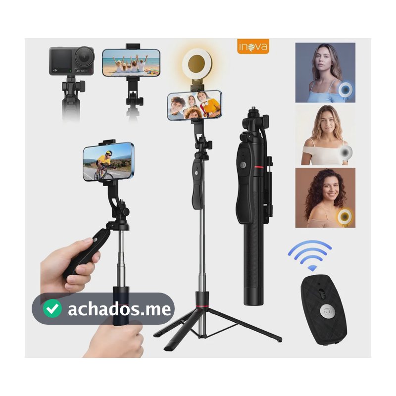 Inova Cases Tripé Bastão Para Celular Portátil Até 170 cm Com Luz tricromática Ring Light Controle,Celular 360° Rotação para Celular Câmera Vlog E Gopro