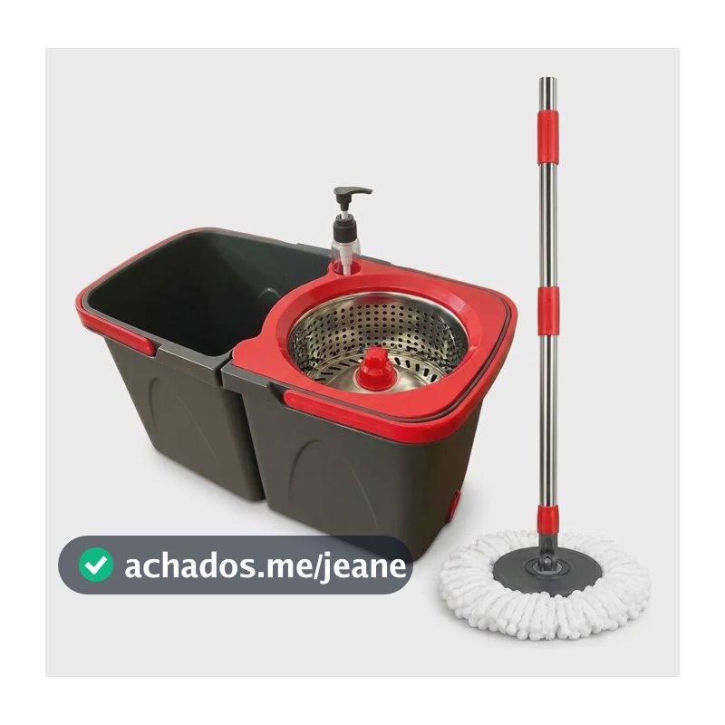 Mop Giratório Duo 360° Balde Duplo E Centrífuga Em Aço Inox Preto Com Detalhes Vermelhos