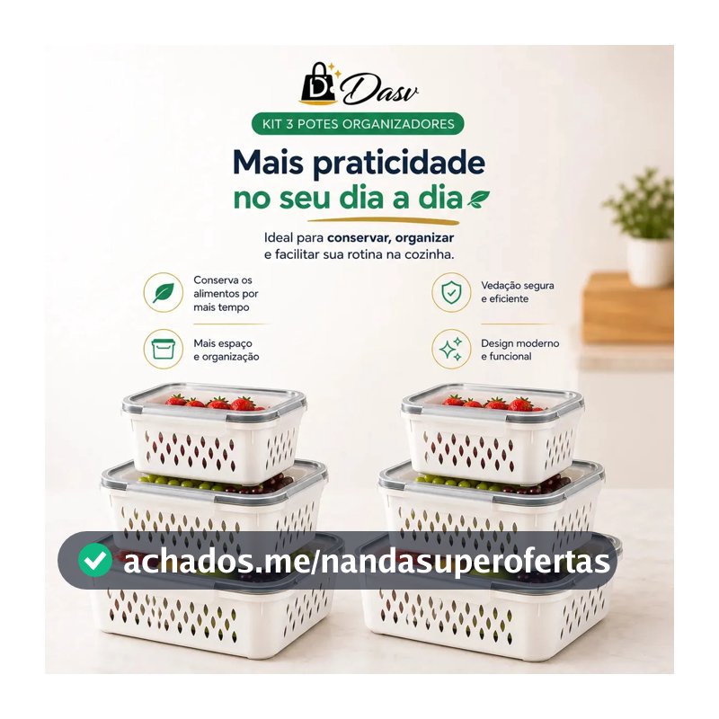 Conjunto Kit 6 Organizadores Geladeira Transparente Hermético Escorredor Cesto Frutas Alimentos Verduras Legumes Dasv