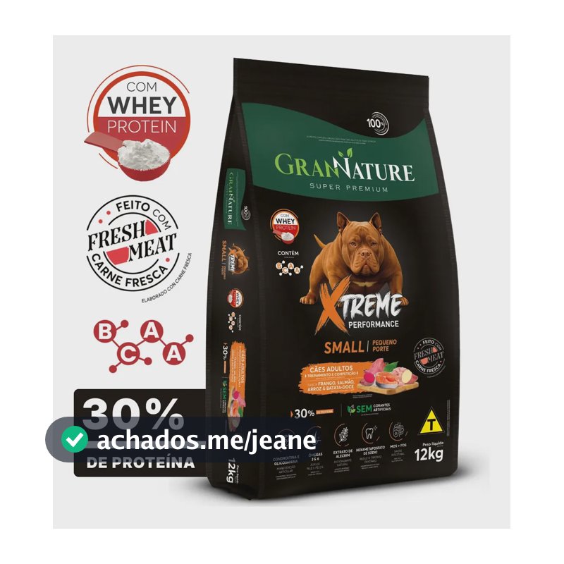 Ração Whey Protein Grannature Xtreme Small Alta Performance 30% Proteína para Cães raças de Pequeno Porte Alimento Seco Sabor Frango Super Premium Com Bcaa Sem Corantes Saúde Articular 12kg