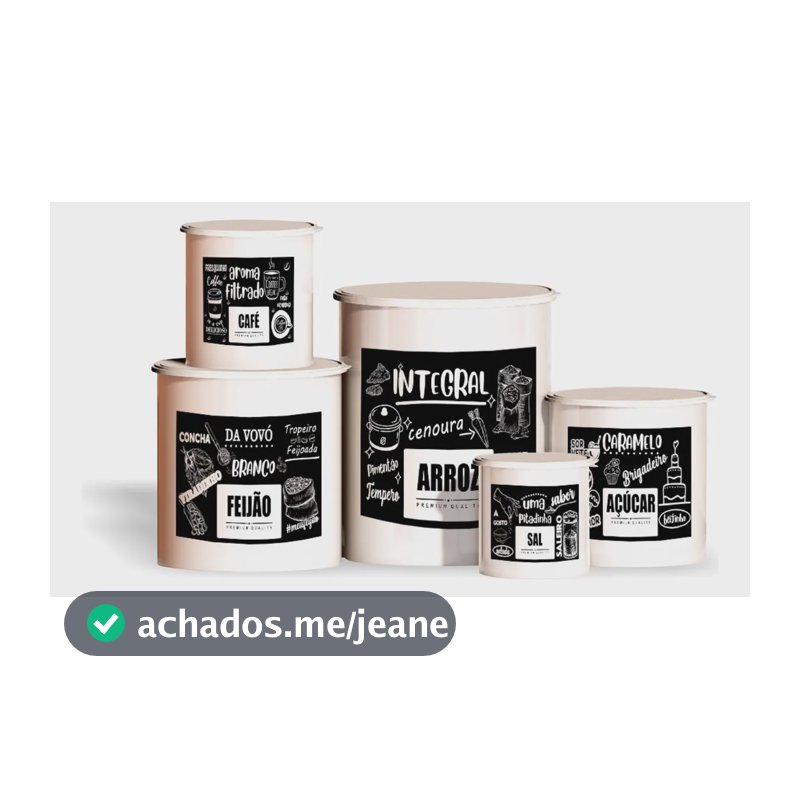 Kit 5 Potes Herméticos de Mantimentos em Plástico Decorado com Frases, Branco