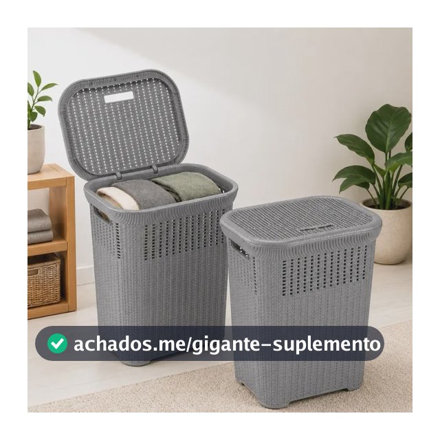 Cesto De Roupa Rattan 50l Com Tampa Basculada Grande Giplast Cinza