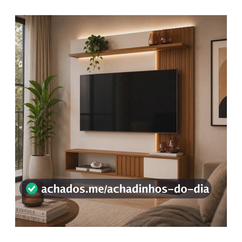 Painel Bancada Suspensa Dj Cosmos 1500 Para Tv Até 55 Ripado Porta Deslizante Design Sala Moderna Trio Casa Freijó/off White