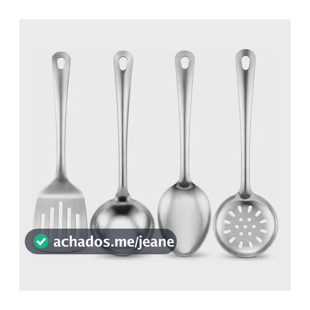 Jogo Kit 4 Utensílios De Cozinha Escumadeira Concha Espatula Colher 100% Inox - Kit 4 Peças