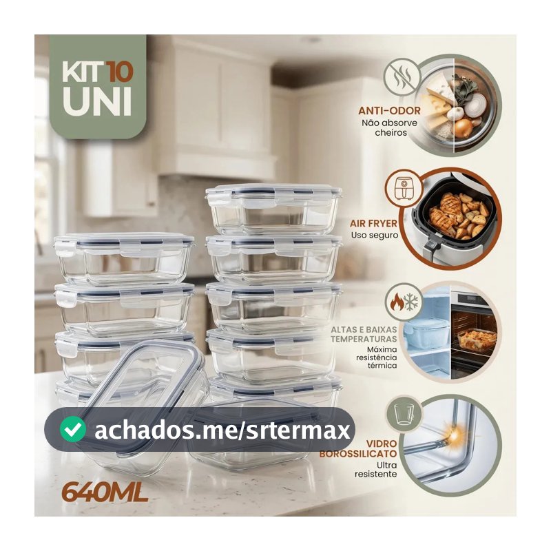 Kit 10 Pote De Vidro Marmita Hermético 640ml Freezer Fitness Rishon