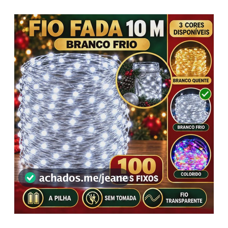 Fio De Fada 100 Leds 10 Metros Ip44 Bateria Cordão Pisca Luzes Festa Decoração Árvore Natal Branco Frio Luvinco
