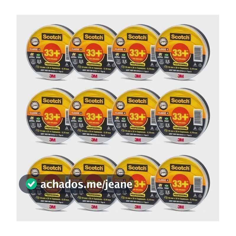 Fita Isolante 3m Scotch 33+ 20 Metros - 3m - Kit 12 Peças Cor Preto Liso