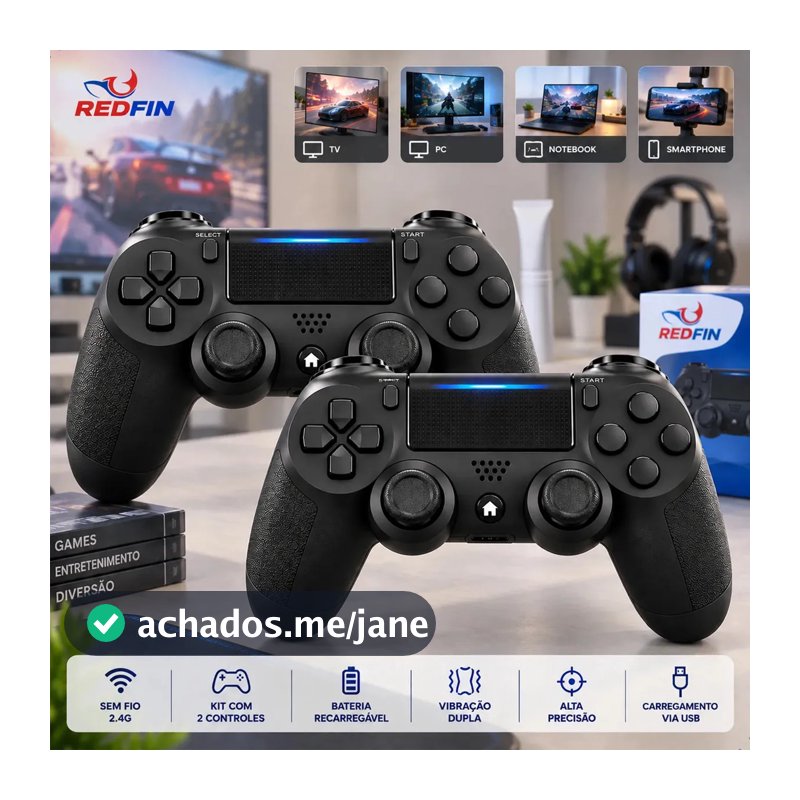 Kit 2 Controle Para Ps4 Sem Fio Redfin Para Ps4 Pc Bluetooth Touchpad Vibração Dupla Joystick Compatível PS4 Videogame TV PC Celular Android Manete Smart TV Headset - Redfin