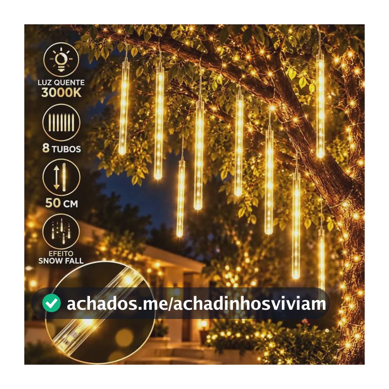 Cascata Bastão LED Snow Fall 8 Tubos 50cm Bivolt Branco Quente Chuva de Meteoro Luz Natalina Decoração Festa Jardim