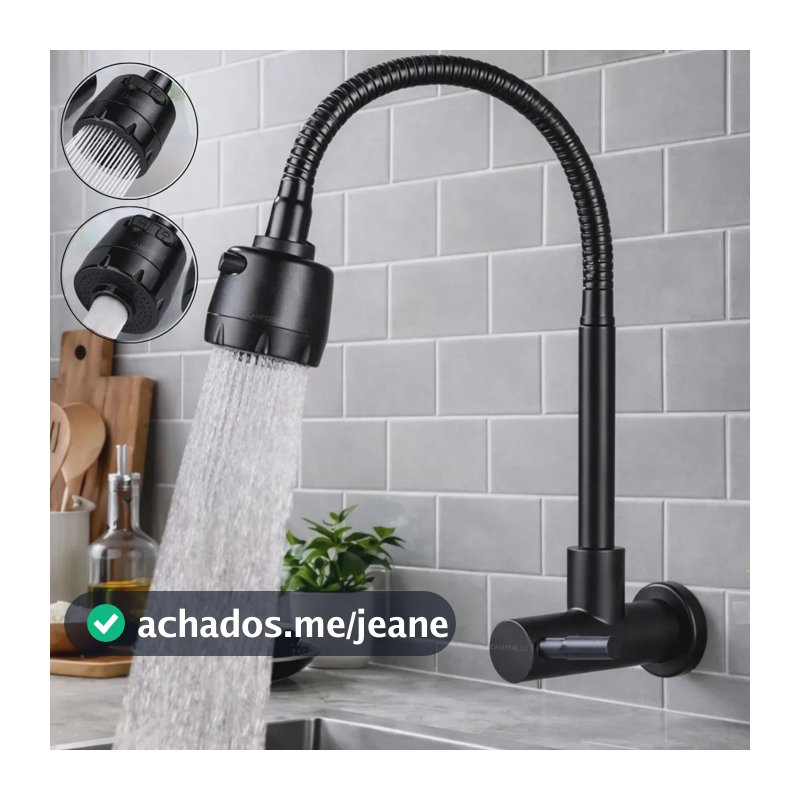 Torneira Gourmet Flexível Metal Bica Pia Cozinha Parede 360° Cor Preta Duplo Jato Forte - Marca Camperluz