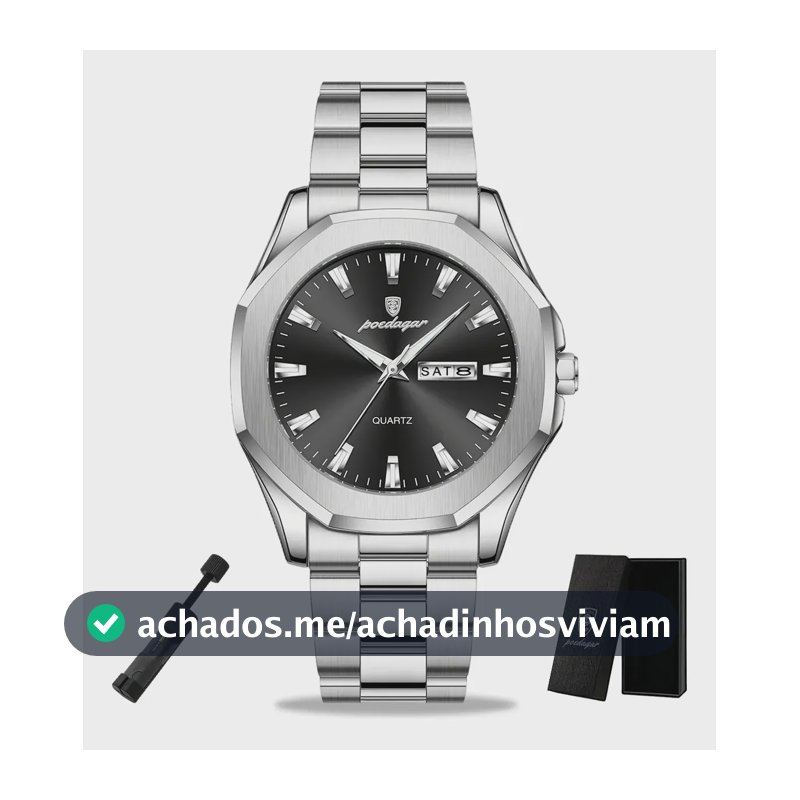 Relógio Poedagar Masculino Aço Inox Prata Ajustável Comcaixa Prateado Preto