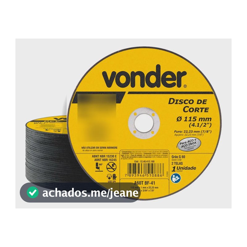 Kit 50 Disco De Corte 115mm X 1,0mm X 22,23mm Grão 60 Vonder Amarelo