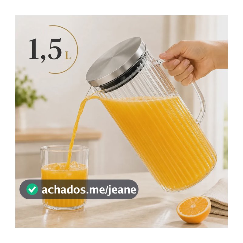 Jarra Vidro Borossilicato 1,5 Litros Tampa Inox Hermética Agua Suco Transparente Canelada