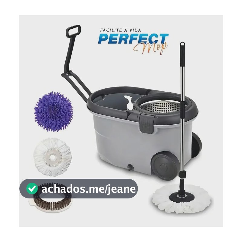 Esfregão Perfect Pro Mop Move 16L Cinza Cabo Inox Alça Roda 3 Refis