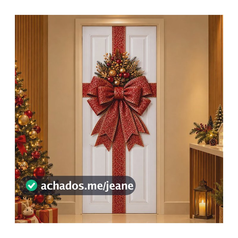 Capa de Porta Natal Decoração Laço Vermelho Natalino Enfeite de Porta de Entrada Capa Para Porta Em Tecido Elástico 0,80x2,10